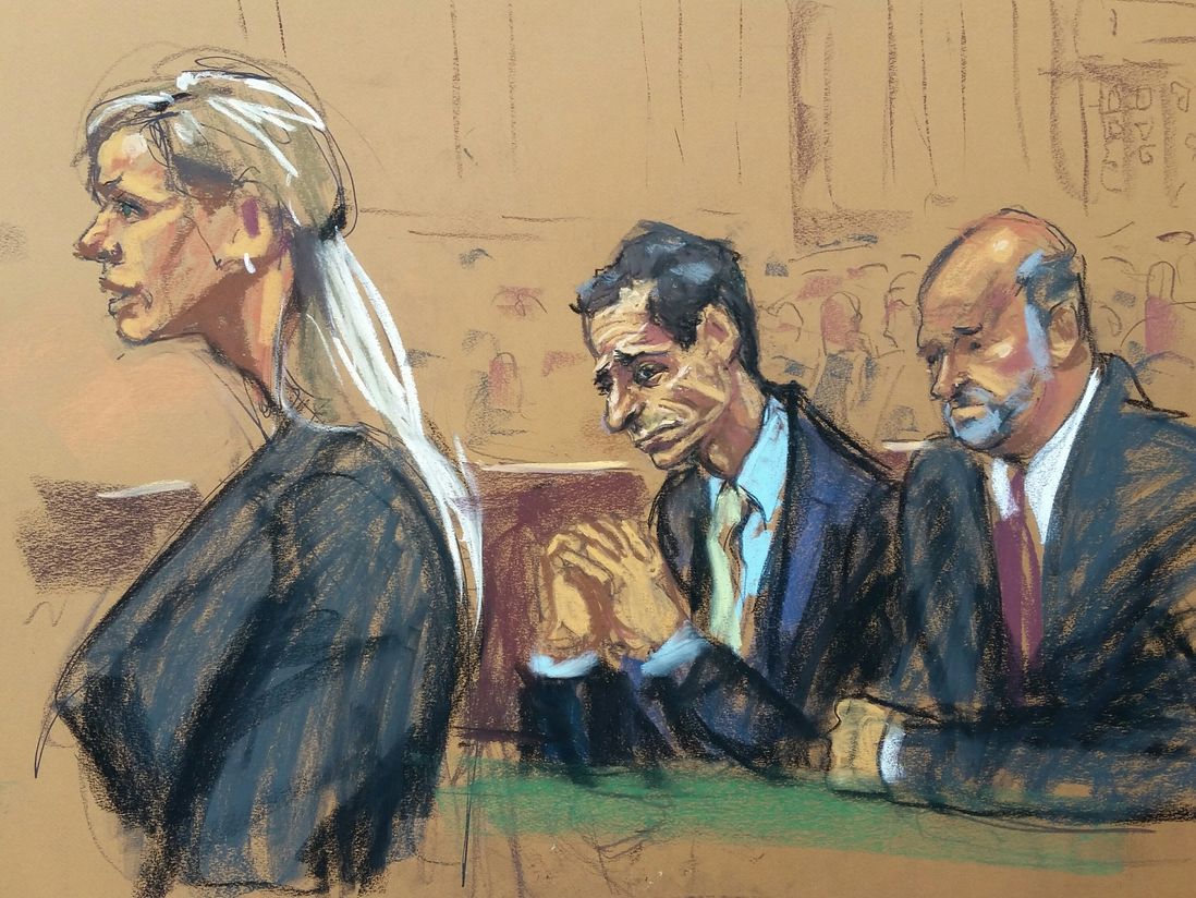 Assistant U.S. Attorney Amanda Kramer at left, with Anthony Weiner and his lawyer Arlo Devlin-Brown (Courtroom sketch by Jane Rosenberg)
